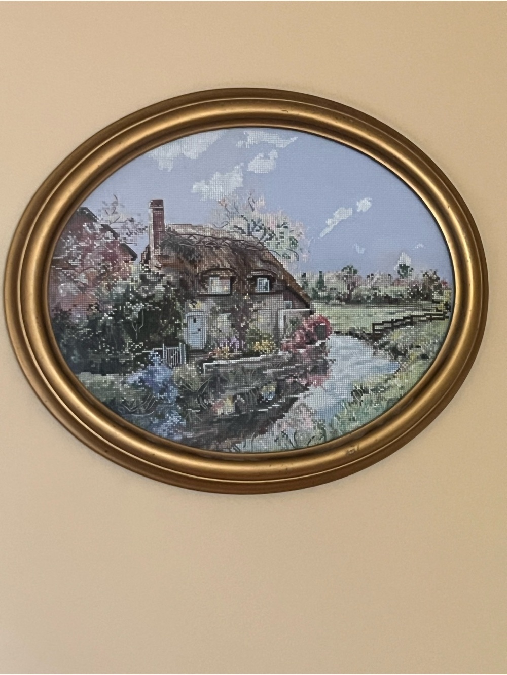 Marty Bell cottage cross stitch with frame
